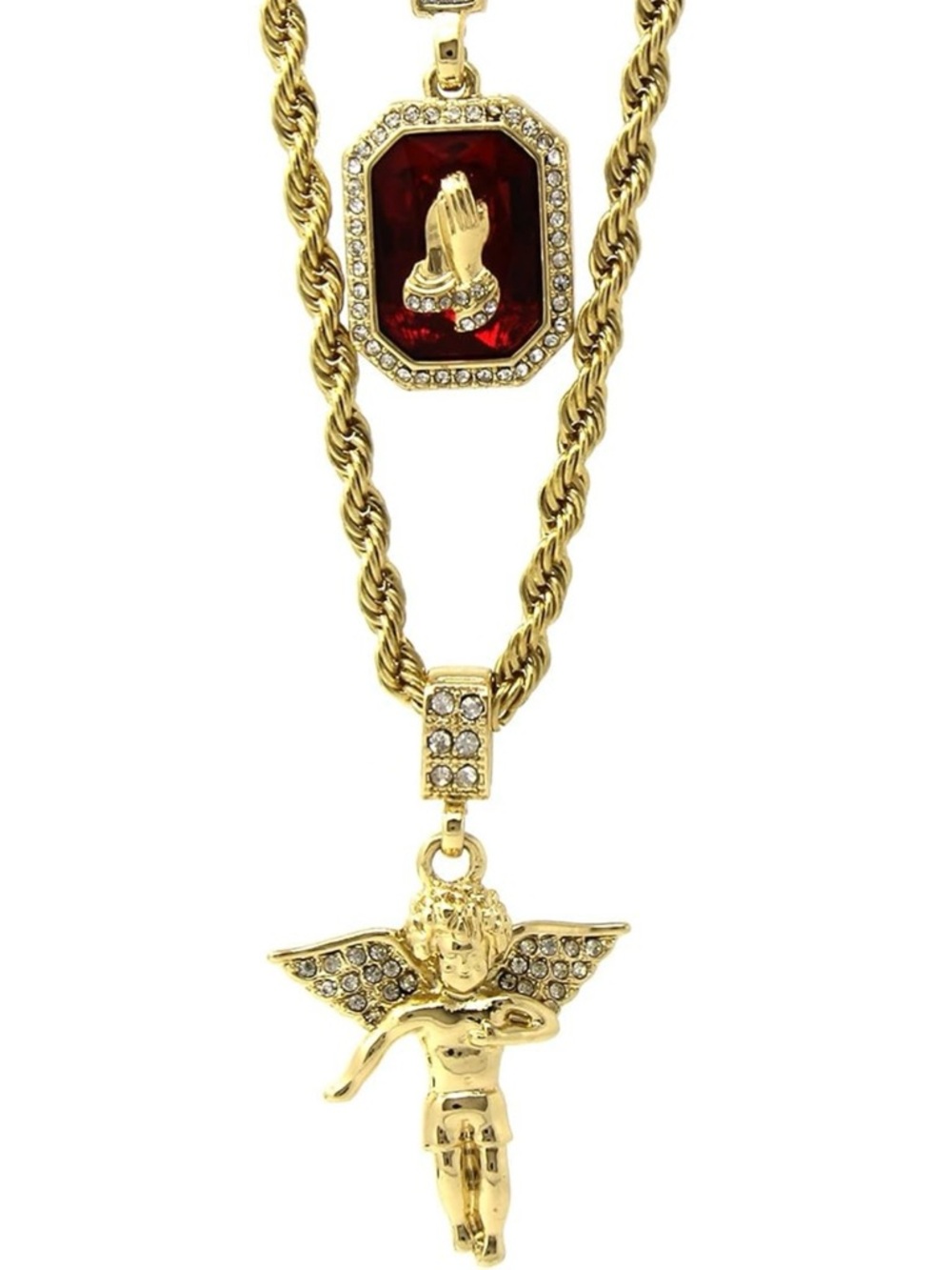 Gold Angel Pendant Layered Necklace with Red Gem Accent